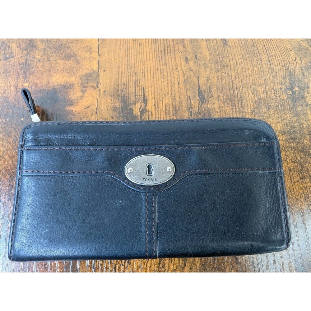 Fossil Maddox Marlow Leather Flap Clutch Wallet Black Vintage Tri-Fold Keyhole